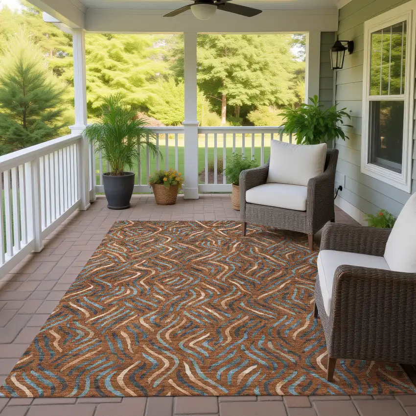 Orange And Teal Blue Abstract Washable Indoor Outdoor Area Rug Photo 4