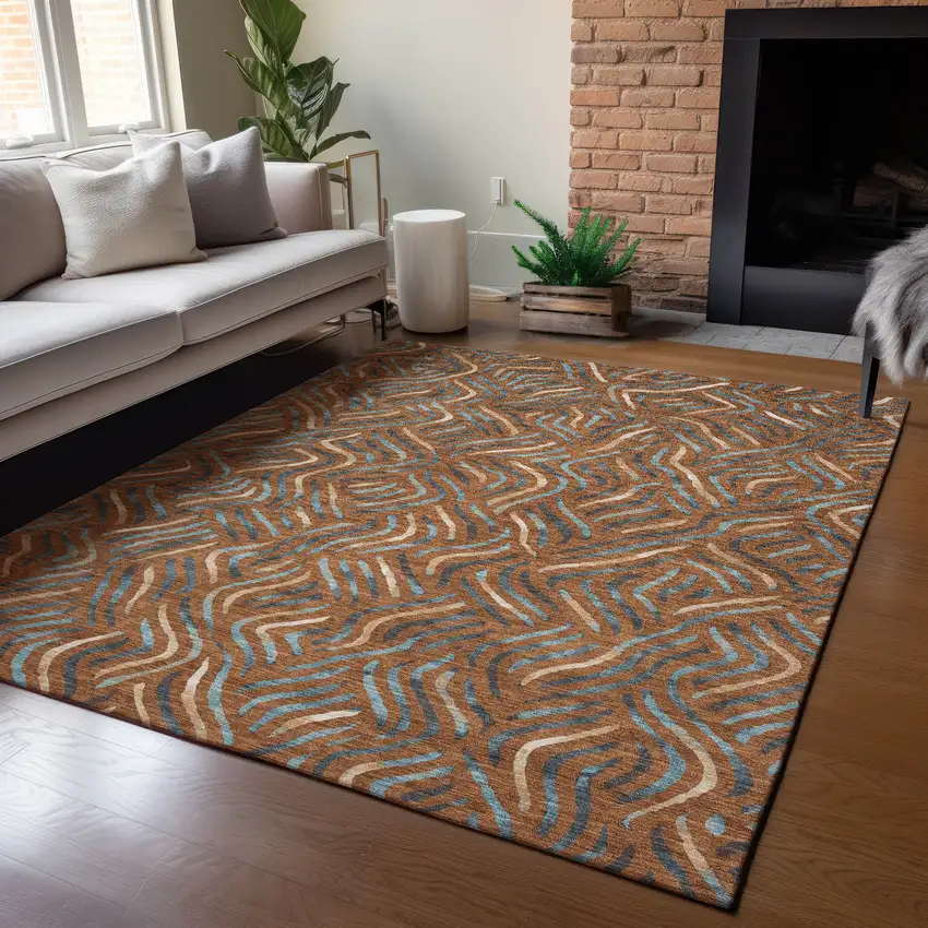 Orange And Teal Blue Abstract Washable Indoor Outdoor Area Rug Photo 5