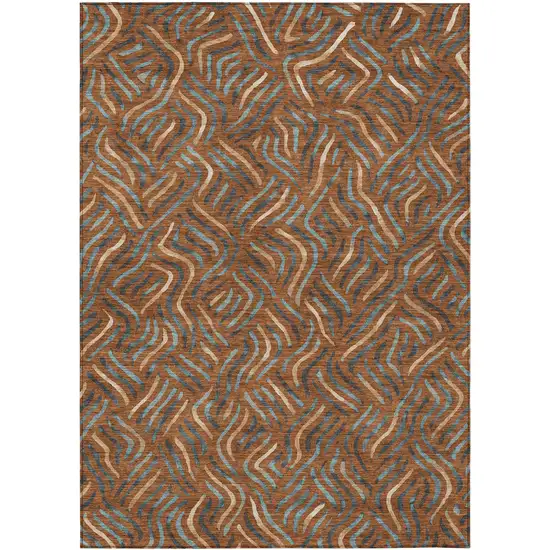 Orange And Teal Blue Abstract Washable Indoor Outdoor Area Rug Photo 1