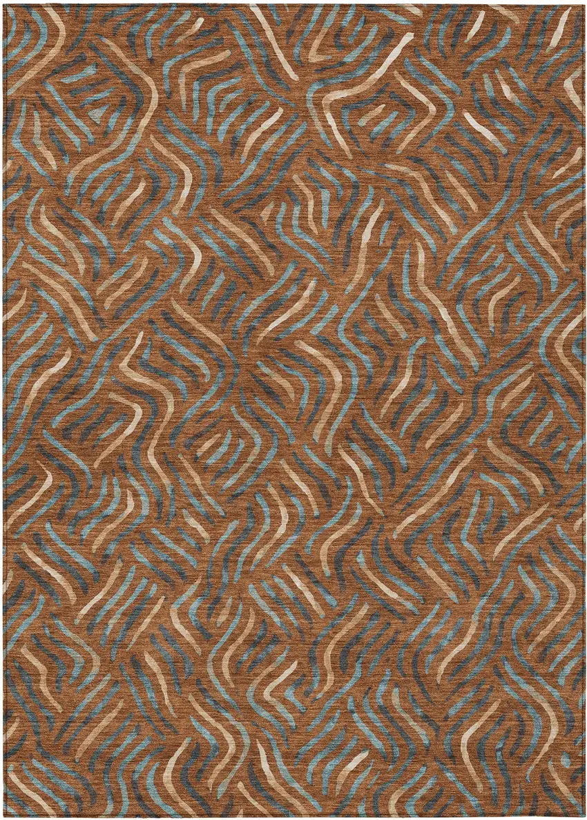 Orange And Teal Blue Abstract Washable Indoor Outdoor Area Rug Photo 1