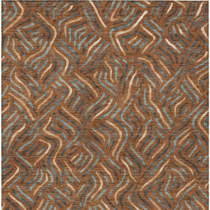 Orange And Teal Blue Abstract Washable Indoor Outdoor Area Rug Photo 3