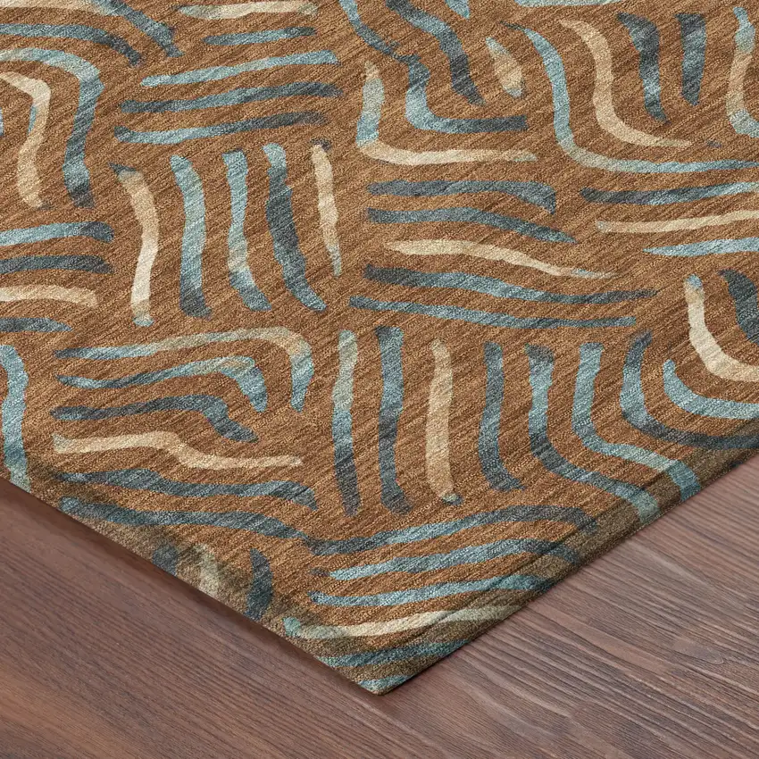 Orange And Teal Blue Abstract Washable Indoor Outdoor Area Rug Photo 8