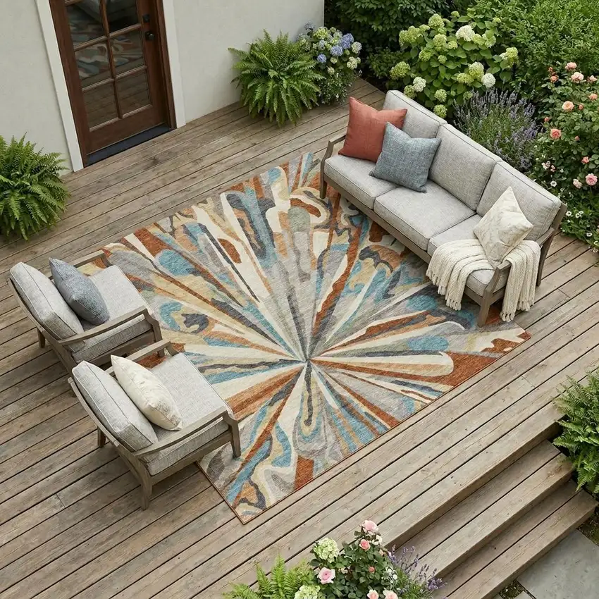 Orange And Teal Blue Abstract Washable Indoor Outdoor Area Rug Photo 1