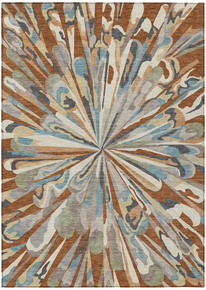 Orange And Teal Blue Abstract Washable Indoor Outdoor Area Rug Photo 2