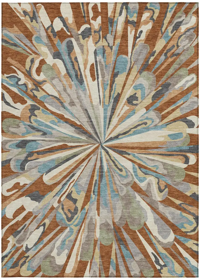 Orange And Teal Blue Abstract Washable Indoor Outdoor Area Rug Photo 3