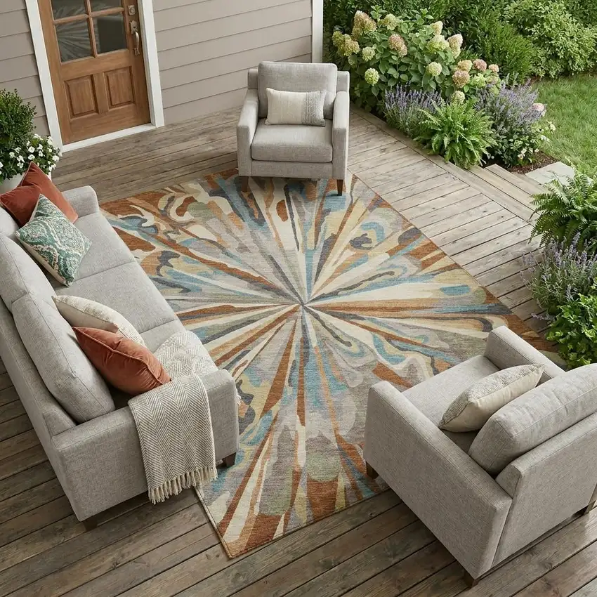 Orange And Teal Blue Abstract Washable Indoor Outdoor Area Rug Photo 1