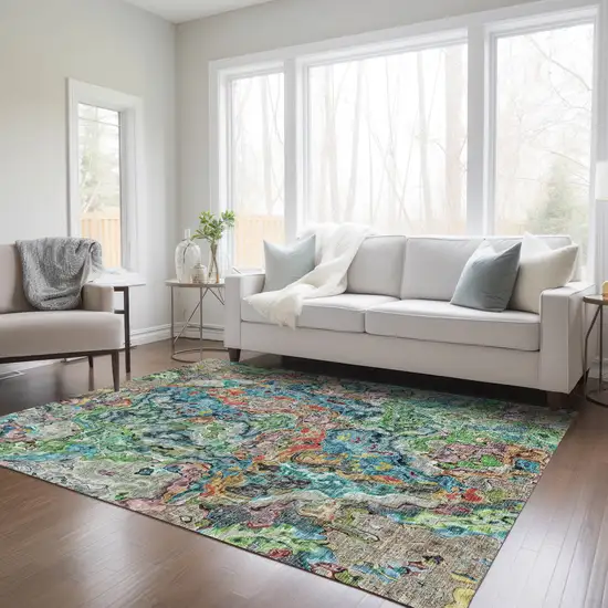 Orange And Teal Blue Abstract Washable Indoor Outdoor Area Rug Photo 9