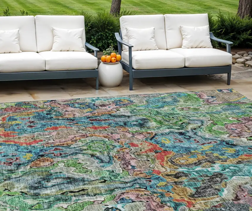 Orange And Teal Blue Abstract Washable Indoor Outdoor Area Rug Photo 1
