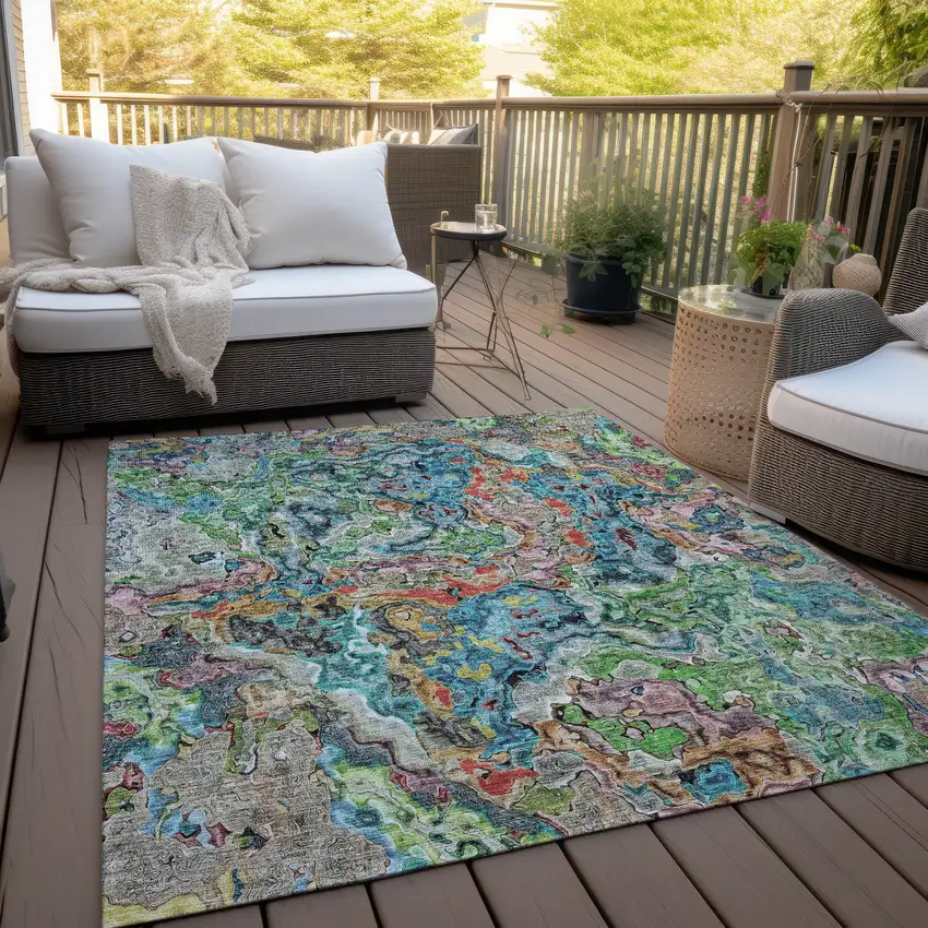 Orange And Teal Blue Abstract Washable Indoor Outdoor Area Rug Photo 9