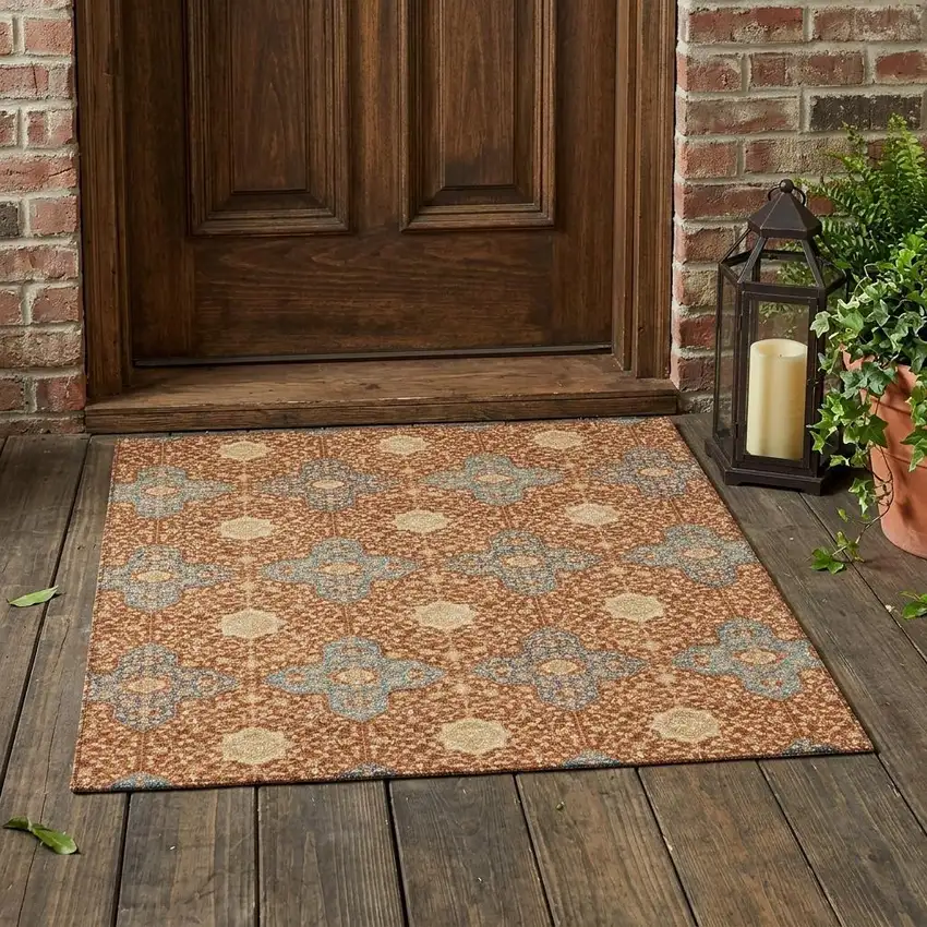 Orange And Teal Blue Damask Washable Indoor Outdoor Area Rug Photo 1
