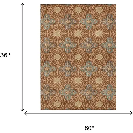 Orange And Teal Blue Damask Washable Indoor Outdoor Area Rug Photo 7