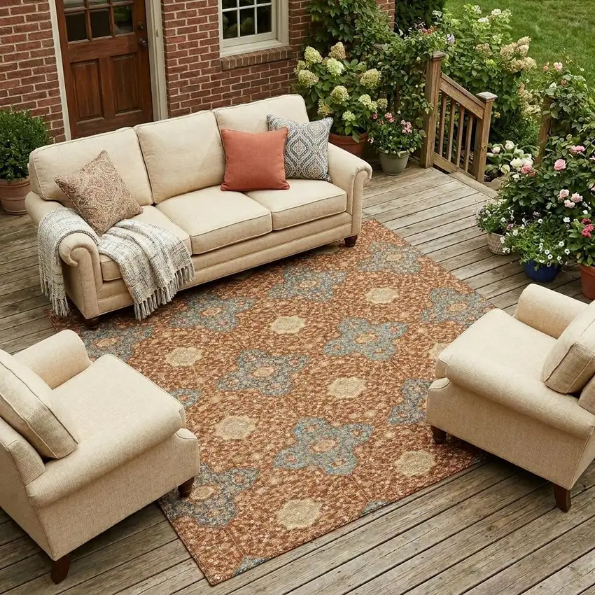 Orange And Teal Blue Damask Washable Indoor Outdoor Area Rug Photo 1