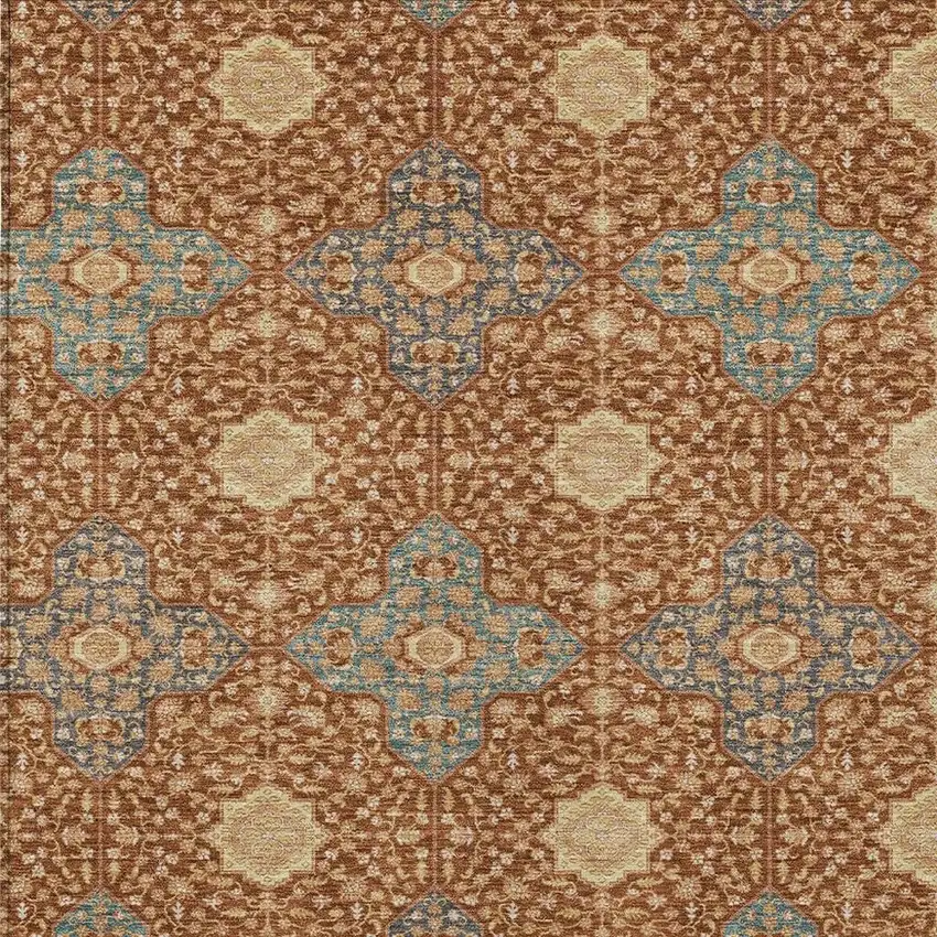 Orange And Teal Blue Damask Washable Indoor Outdoor Area Rug Photo 3