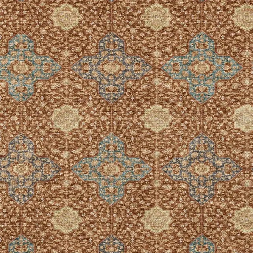 Orange And Teal Blue Damask Washable Indoor Outdoor Area Rug Photo 3