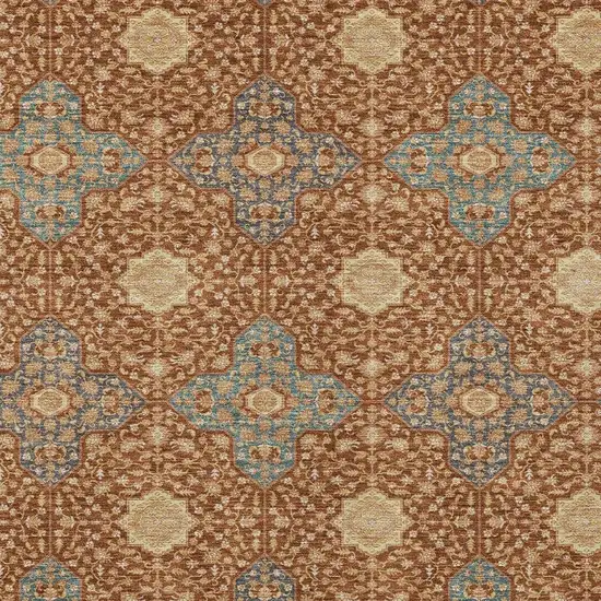 Orange And Teal Blue Damask Washable Indoor Outdoor Area Rug Photo 3