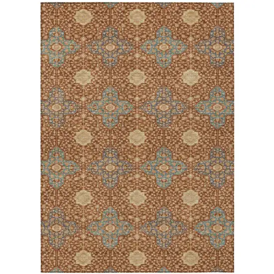 Orange And Teal Blue Damask Washable Indoor Outdoor Area Rug Photo 2