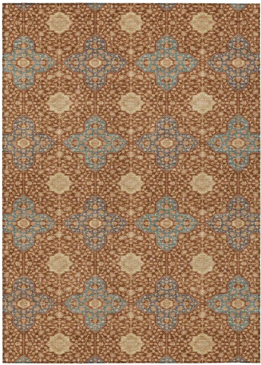 Orange And Teal Blue Damask Washable Indoor Outdoor Area Rug Photo 2