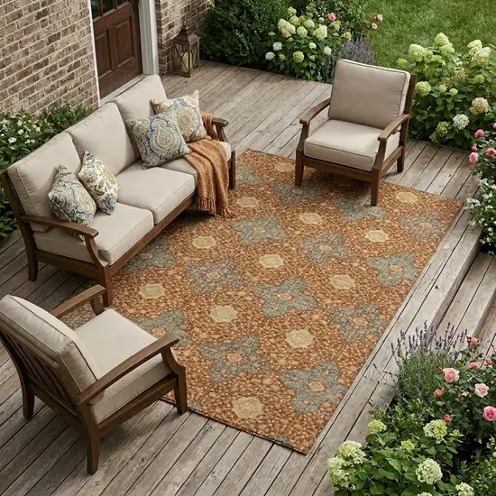 Orange And Teal Blue Damask Washable Indoor Outdoor Area Rug Photo 1