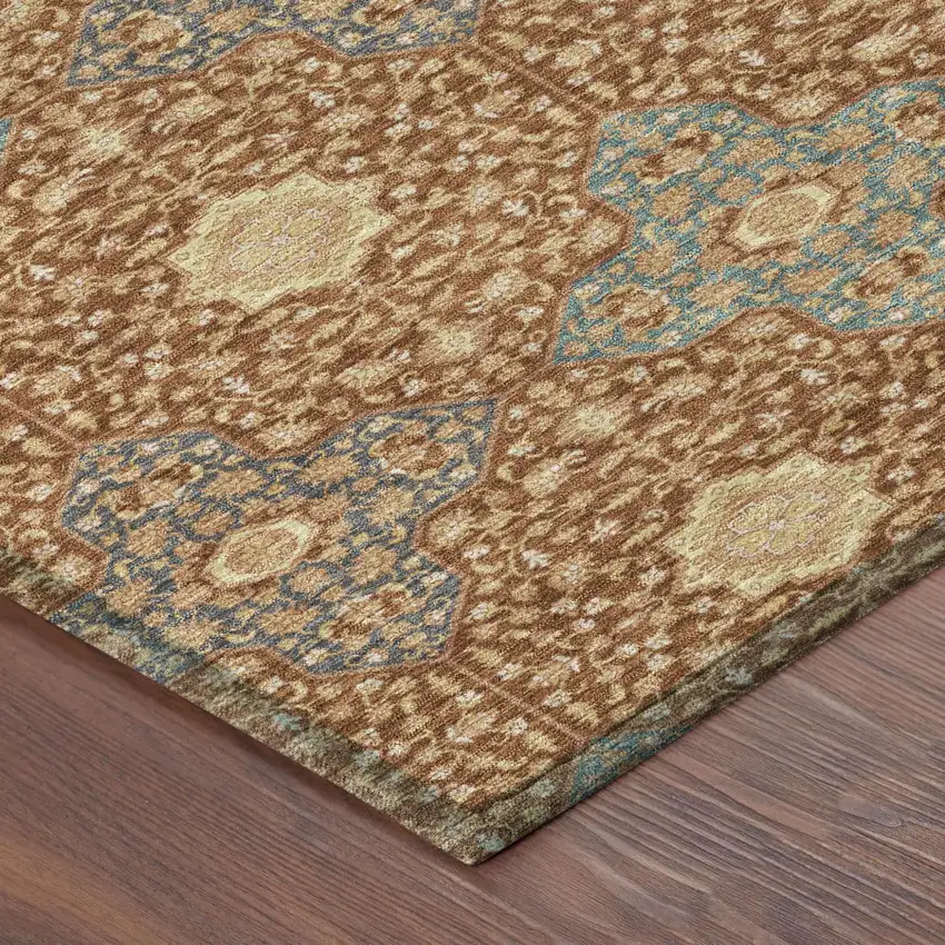 Orange And Teal Blue Damask Washable Indoor Outdoor Area Rug Photo 5