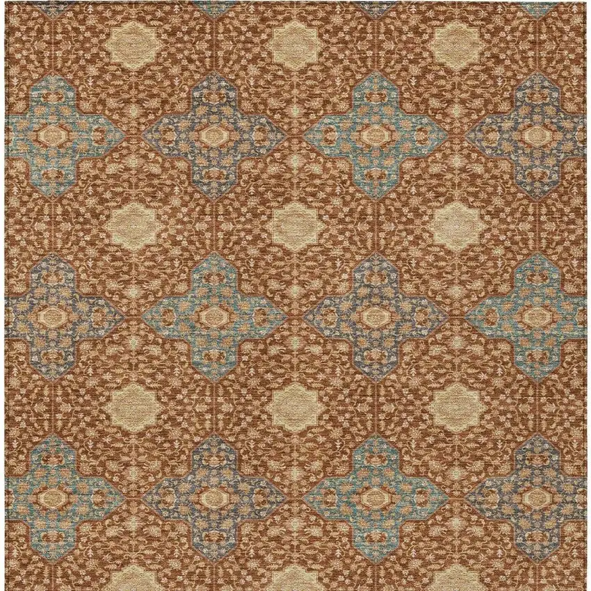 Orange And Teal Blue Damask Washable Indoor Outdoor Area Rug Photo 4