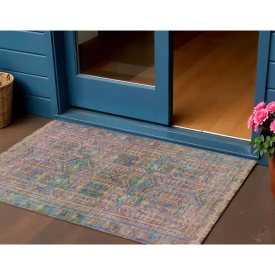 Orange And Teal Blue Geometric Washable Indoor Outdoor Area Rug Photo 2