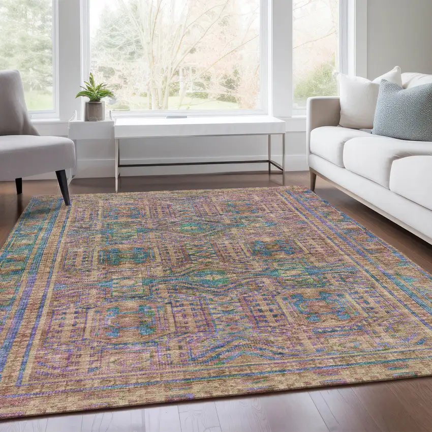 Orange And Teal Blue Geometric Washable Indoor Outdoor Area Rug Photo 7