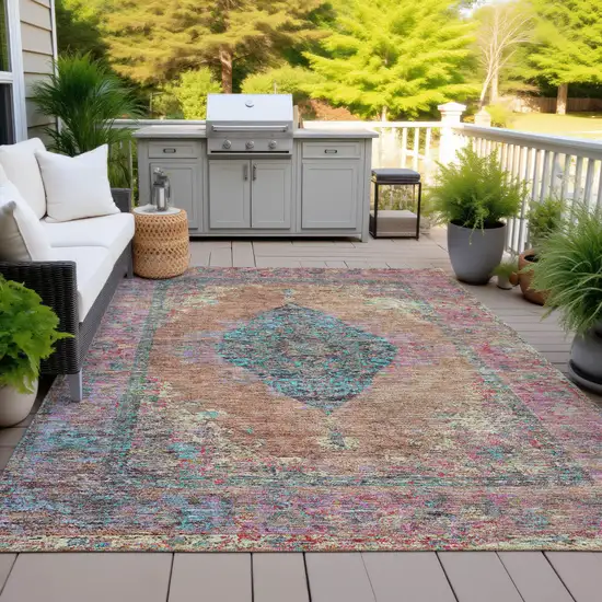 Orange And Teal Blue Medallion Washable Indoor Outdoor Area Rug Photo 5