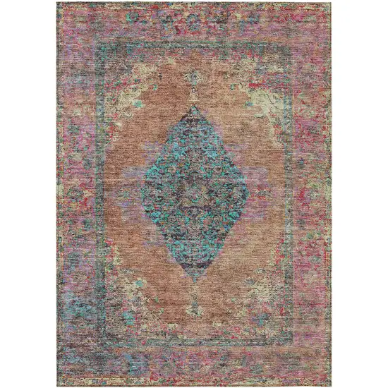 Orange And Teal Blue Medallion Washable Indoor Outdoor Area Rug Photo 1