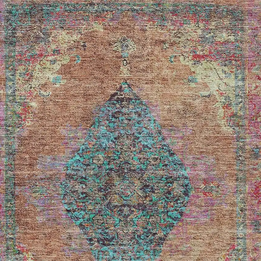 Orange And Teal Blue Medallion Washable Indoor Outdoor Area Rug Photo 4