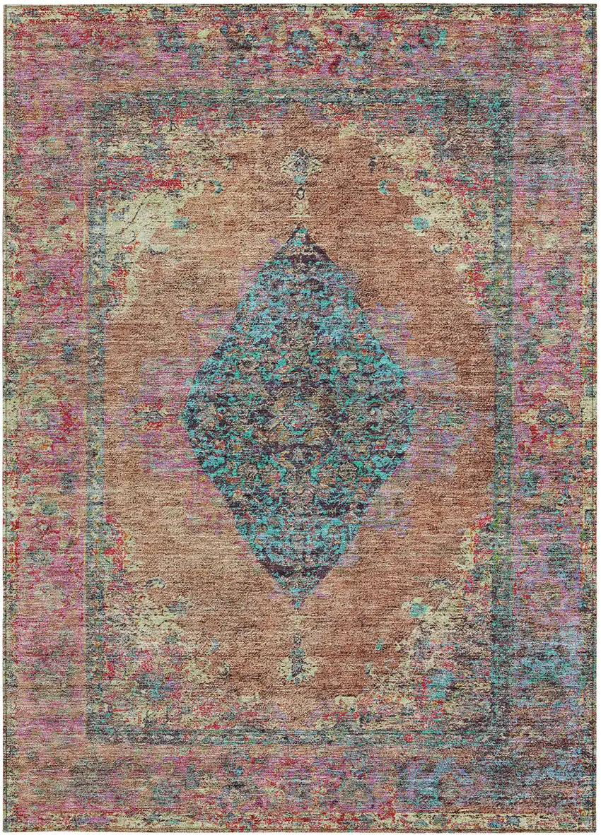 Orange And Teal Blue Medallion Washable Indoor Outdoor Area Rug Photo 3