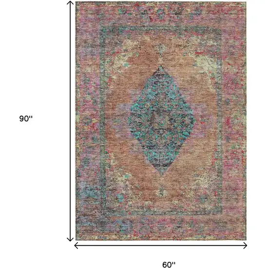 Orange And Teal Blue Medallion Washable Indoor Outdoor Area Rug Photo 9