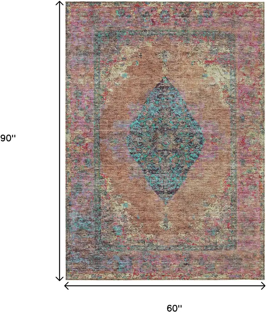 Orange And Teal Blue Medallion Washable Indoor Outdoor Area Rug Photo 9
