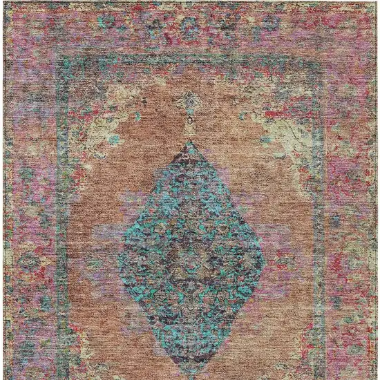 Orange And Teal Blue Medallion Washable Indoor Outdoor Area Rug Photo 7