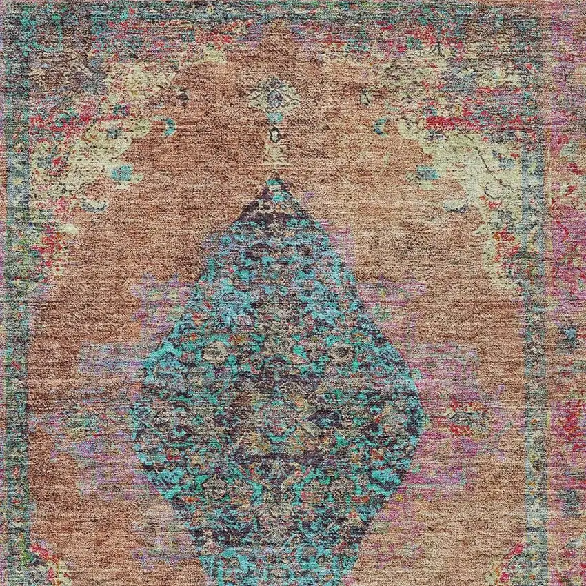 Orange And Teal Blue Medallion Washable Indoor Outdoor Area Rug Photo 4