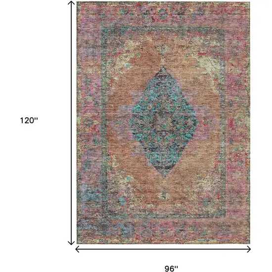 Orange And Teal Blue Medallion Washable Indoor Outdoor Area Rug Photo 9