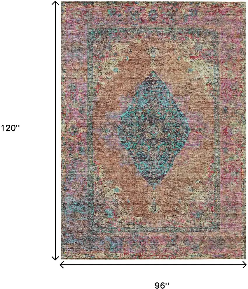 Orange And Teal Blue Medallion Washable Indoor Outdoor Area Rug Photo 9