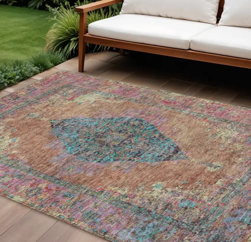Orange And Teal Blue Medallion Washable Indoor Outdoor Area Rug Photo 2