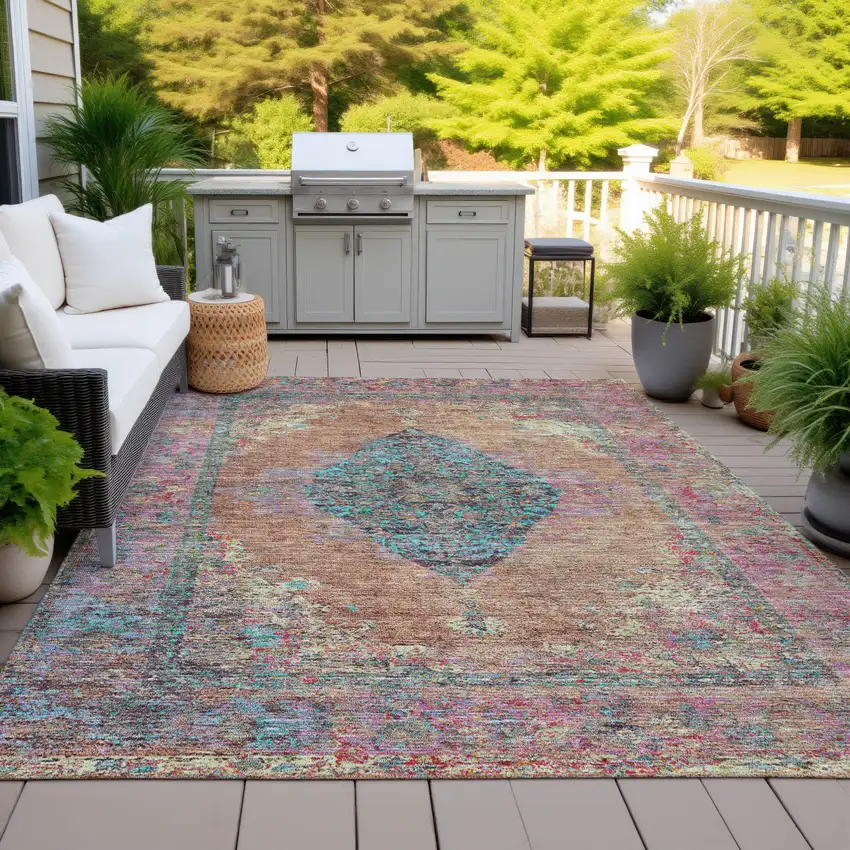 Orange And Teal Blue Medallion Washable Indoor Outdoor Area Rug Photo 5