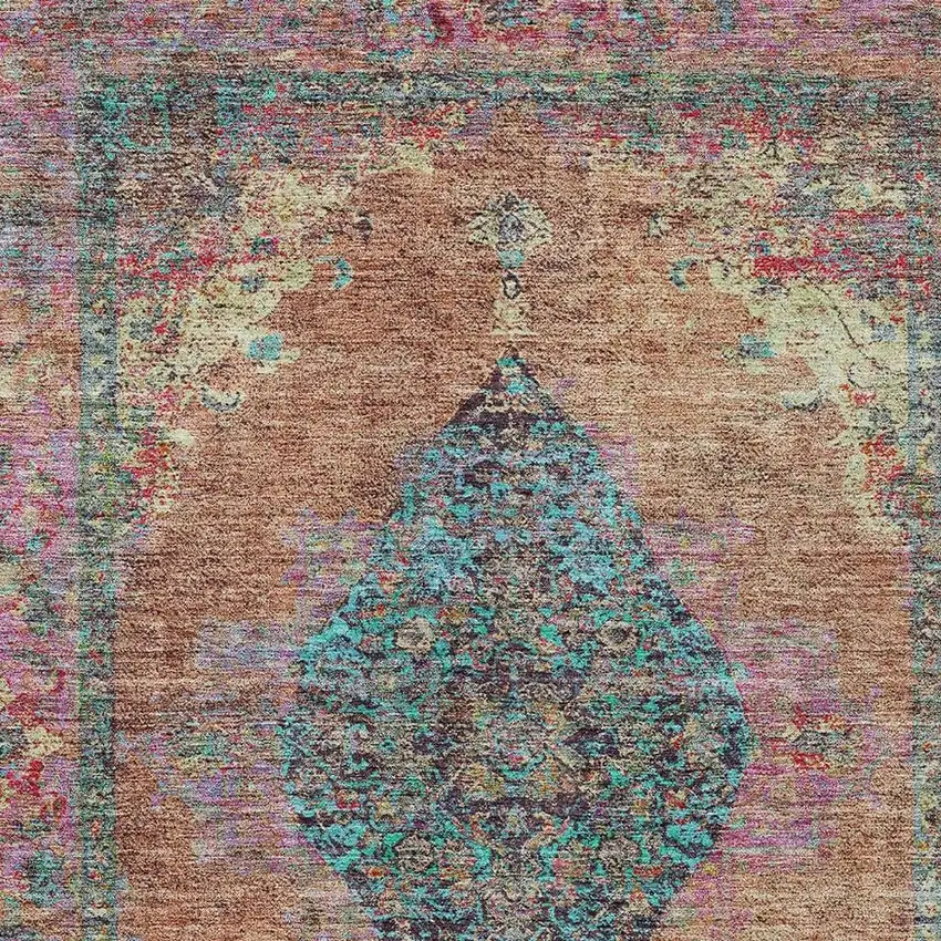 Orange And Teal Blue Medallion Washable Indoor Outdoor Area Rug Photo 4