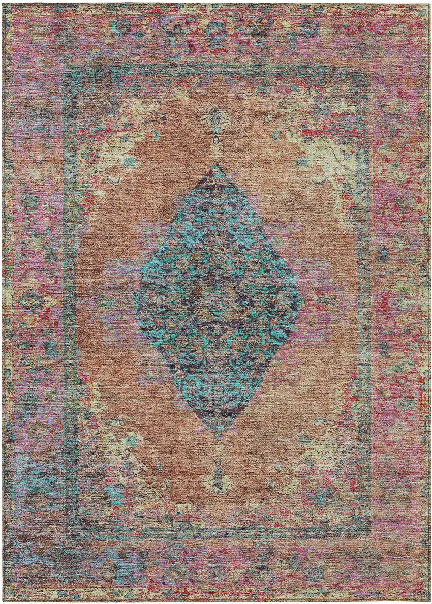 Orange And Teal Blue Medallion Washable Indoor Outdoor Area Rug Photo 1