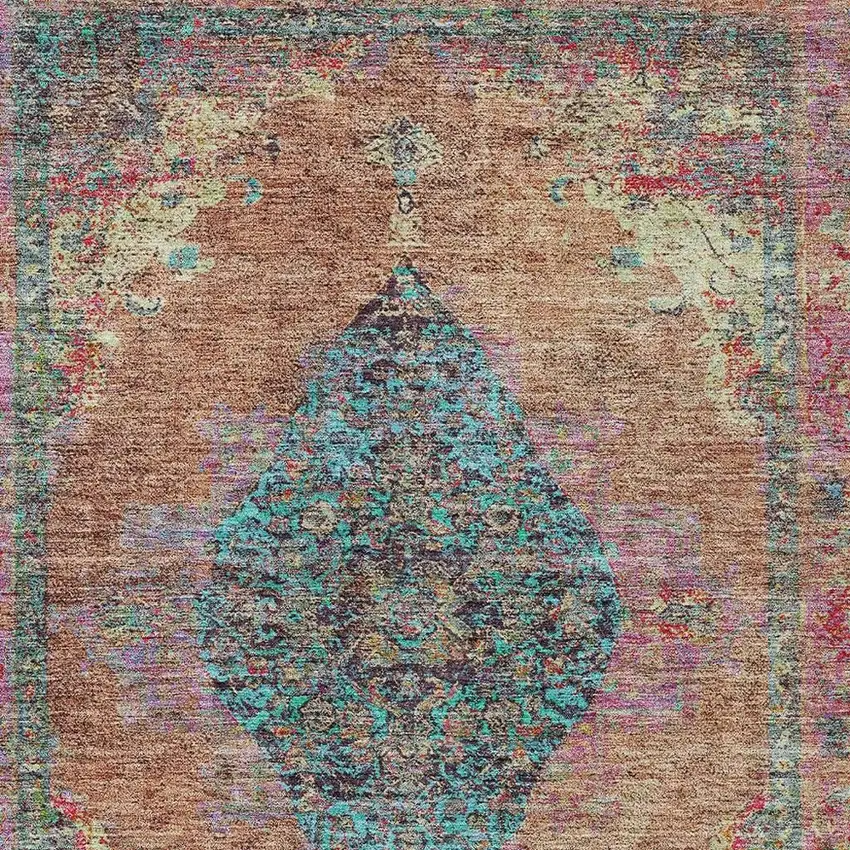 Orange And Teal Blue Medallion Washable Indoor Outdoor Area Rug Photo 4