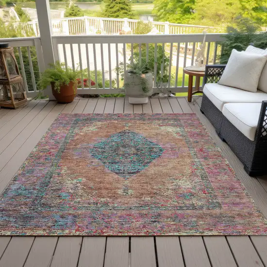 Orange And Teal Blue Medallion Washable Indoor Outdoor Area Rug Photo 8