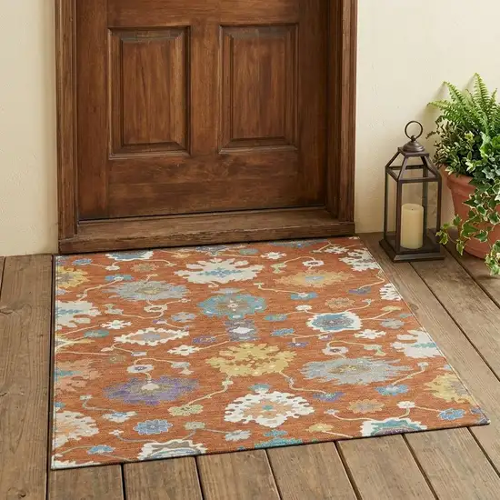 Orange And Teal Blue Oriental Washable Indoor Outdoor Area Rug Photo 1