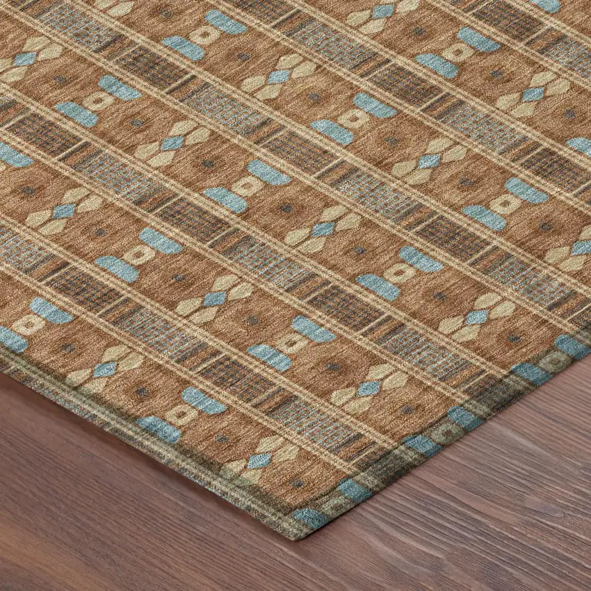 Orange And Teal Blue Striped Washable Indoor Outdoor Area Rug Photo 3