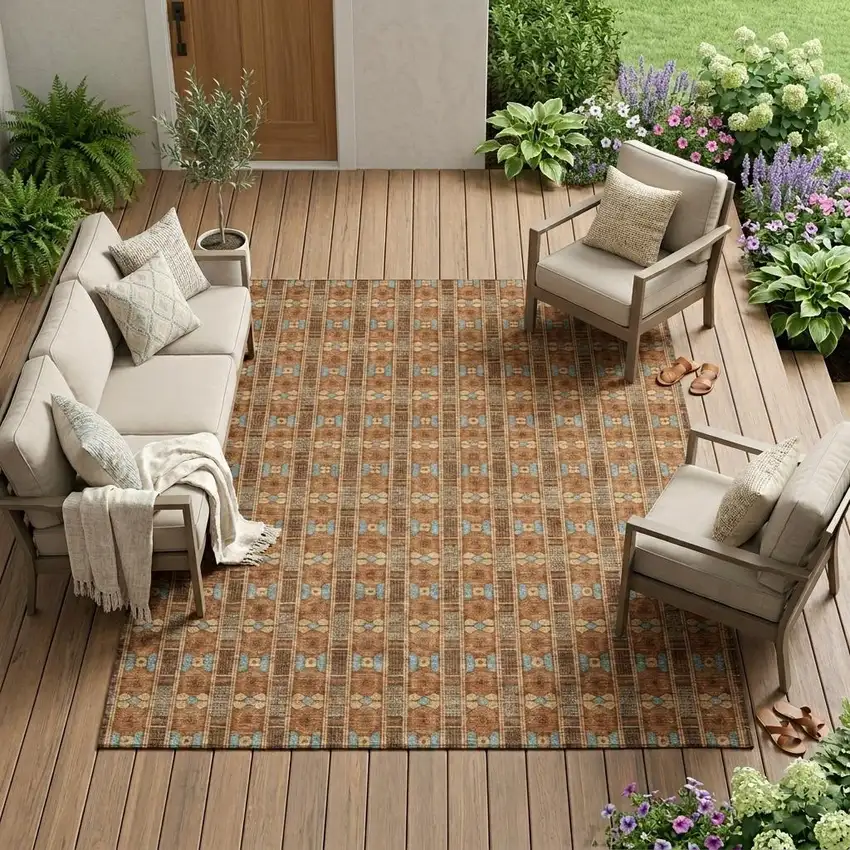 Orange And Teal Blue Striped Washable Indoor Outdoor Area Rug Photo 1