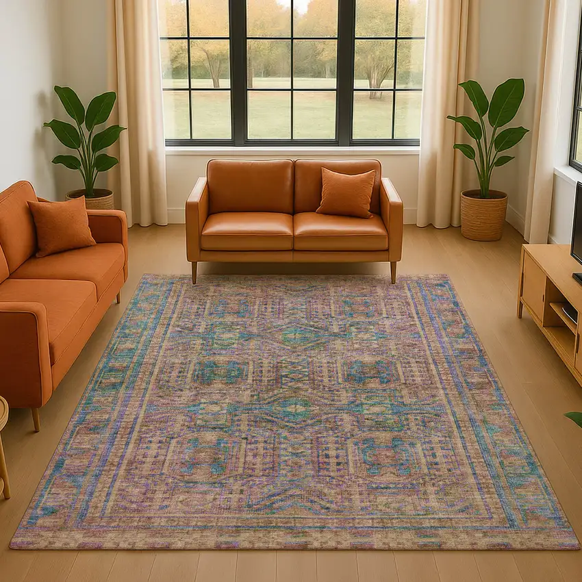 Orange And Teal Geometric Washable Area Rug With UV Protection Photo 5