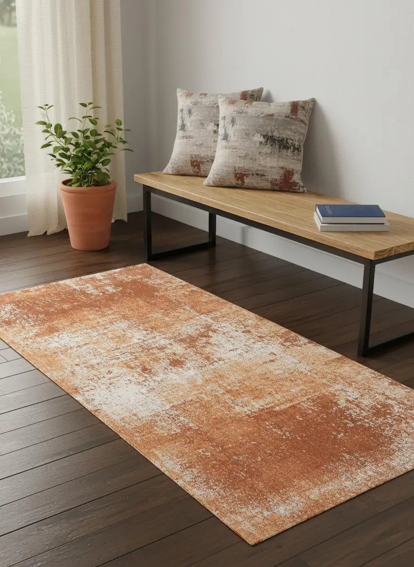 Orange And White Abstract Washable Area Rug With UV Protection Photo 1