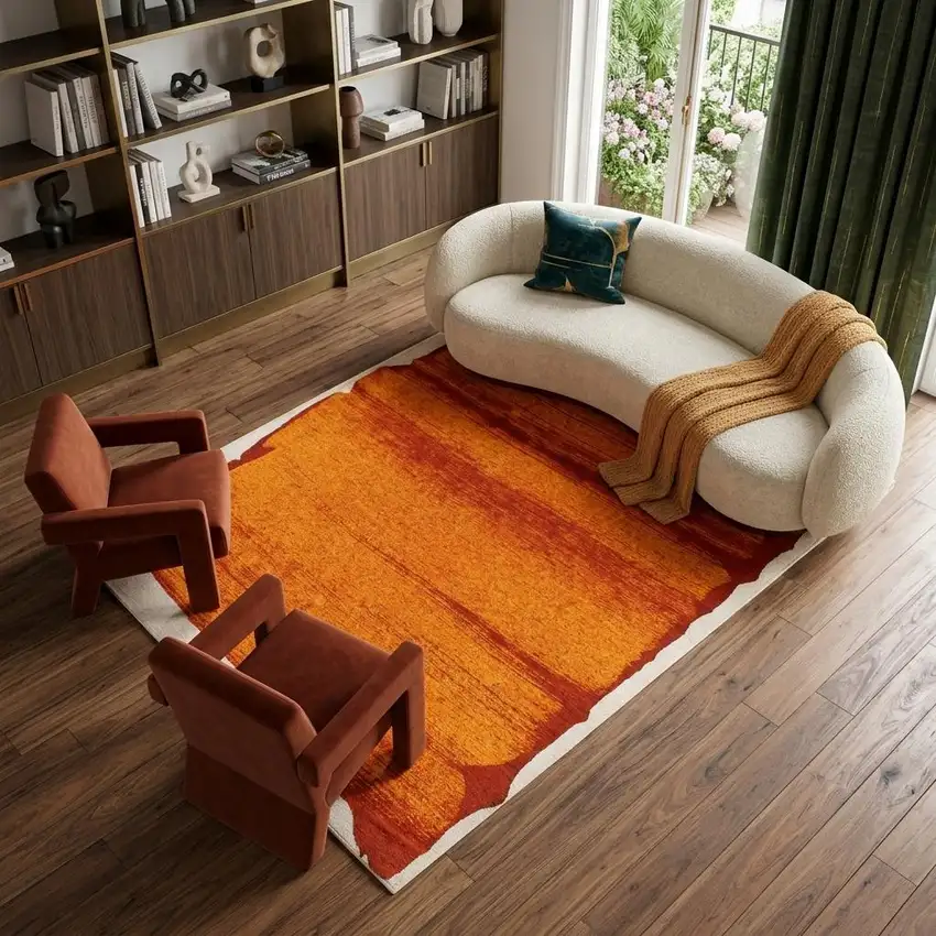 Orange And White Abstract Washable Area Rug With UV Protection Photo 1