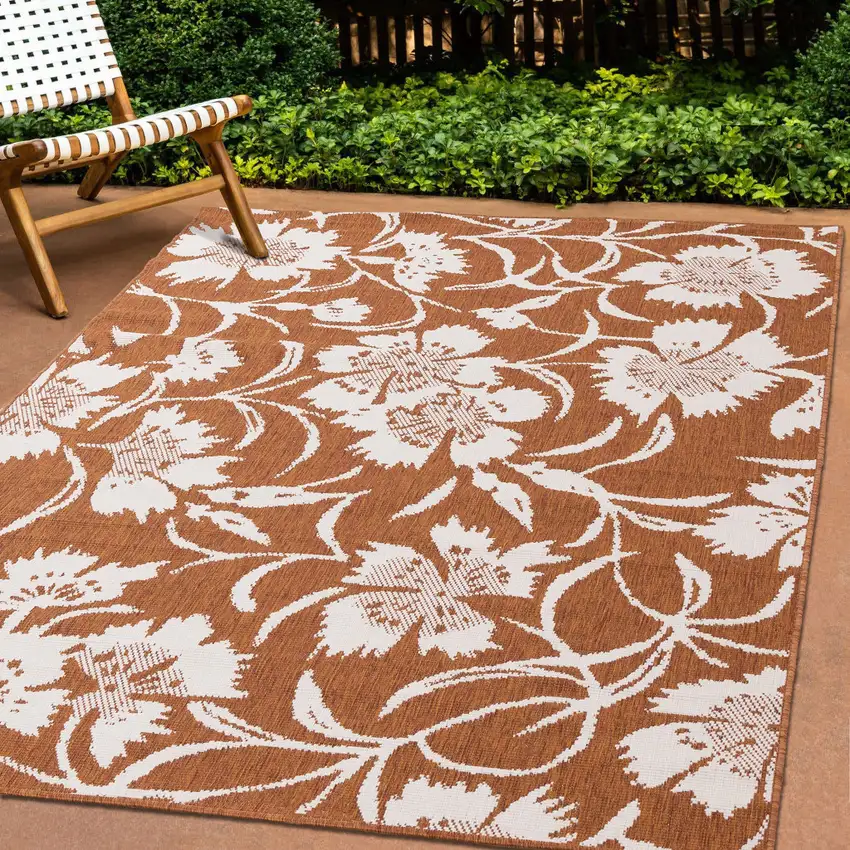 Orange And White Botanical Leaves Area Rug Photo 6