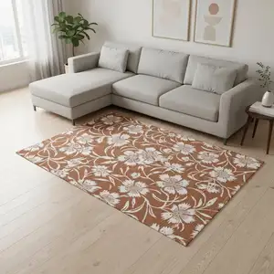 Photo of Orange And White Botanical Leaves Area Rug